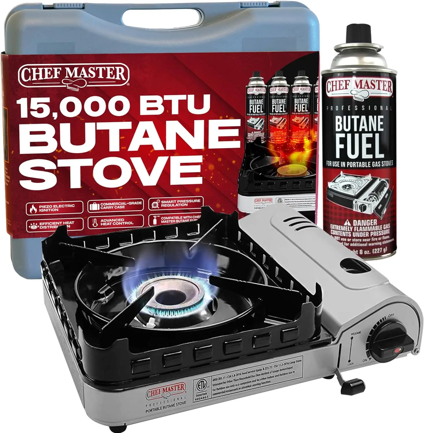 

15,000 BTU Butane Portable Camp Stove | Double Wind-Guard Portable Stove Burner w/Piezo Click Ignition for Emergencies, Tailgati