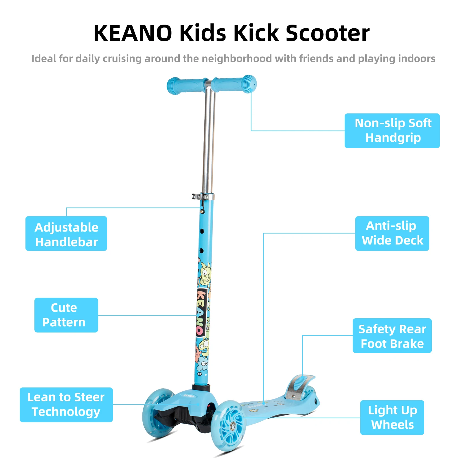 KEANO Kick Scooter for Boys & Girls, Kids and Toddler 3 Wheel Scooter with Light Up Wheels, Adjustable Handlebars, Brake, Blue