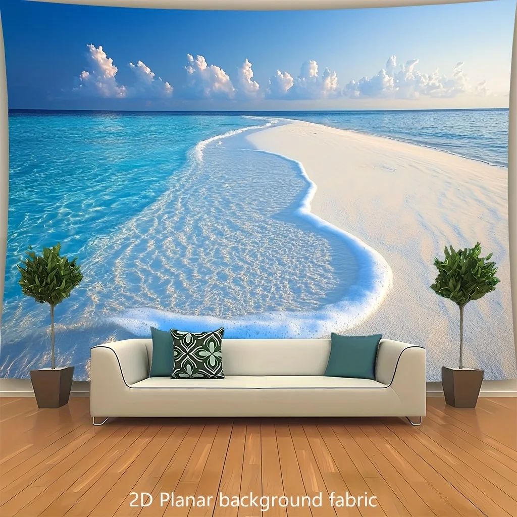2D Flat, Summer 2D Flat Background Fabric - Vibrant Maldives Beach Tapestry with Turquoise Waters & Sandy Shoreline, Polyester