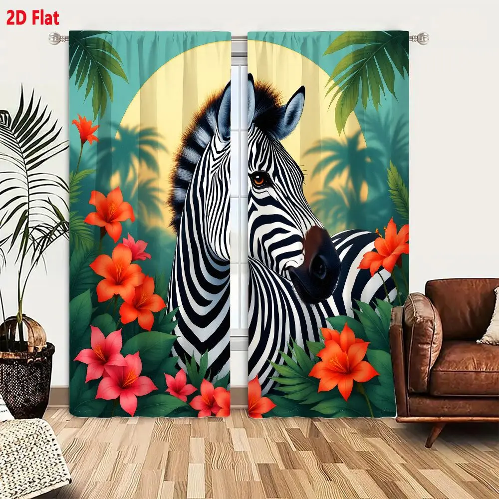 2Pcs Curtains 2D Flat Vibrant Illustration Of A Zebra With Tropical Elements Red Orange Lilies Green Leaves Palm Fronds Silhouet