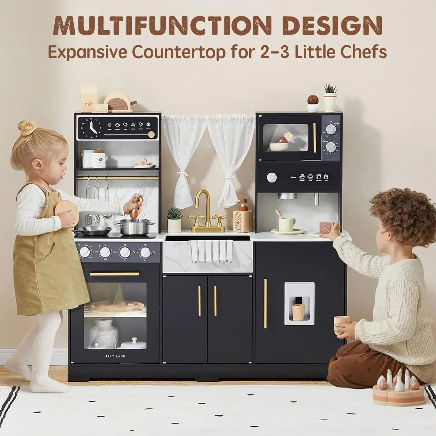 Play Kitchen for Kids, Wooden Play Kitchen Sets for Girls and Boys, New Modern Toddler Kitchen Toy Kitchen Designed in Trendy Ho