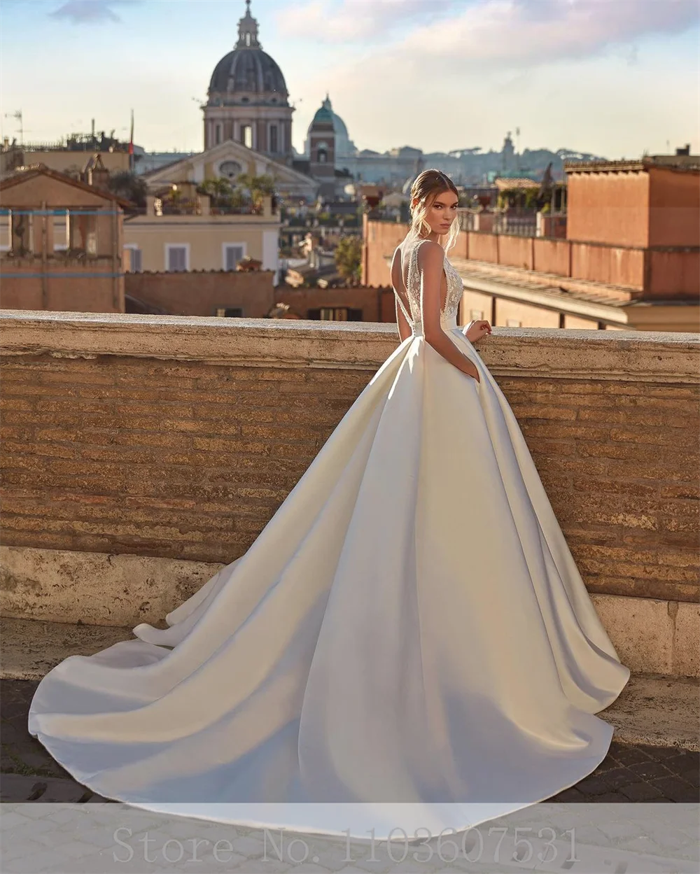 Vestido de novia de satén con tirantes finos para mujer, traje elegante de corte acampanado con encaje y escote en V, espalda descubierta