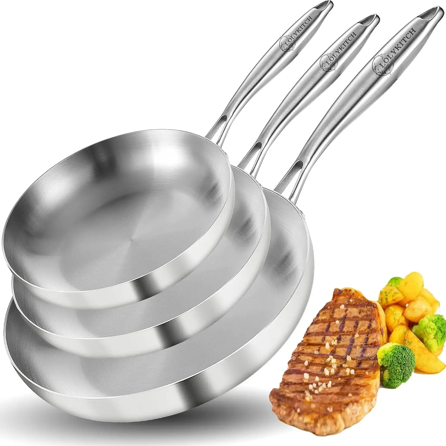 

8-10-12 Inch Tri-Ply Frying Pan Set of 3 Chef Pans Skillets Induction Cookware Pots and Pans Set Dishwasher Oven Safe