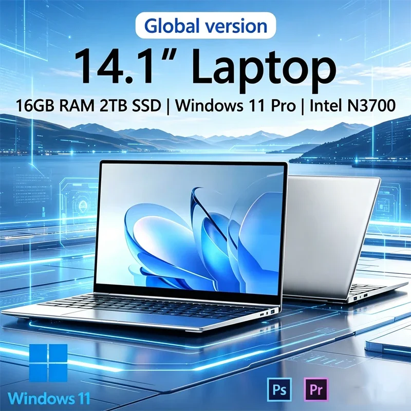 

Ultra Slim 14.1 Inch Laptop Intel N3700 16GB RAM 2TB SSD 1080P HD Screen Windows 11 Pro Portable Office Gaming Notebook New