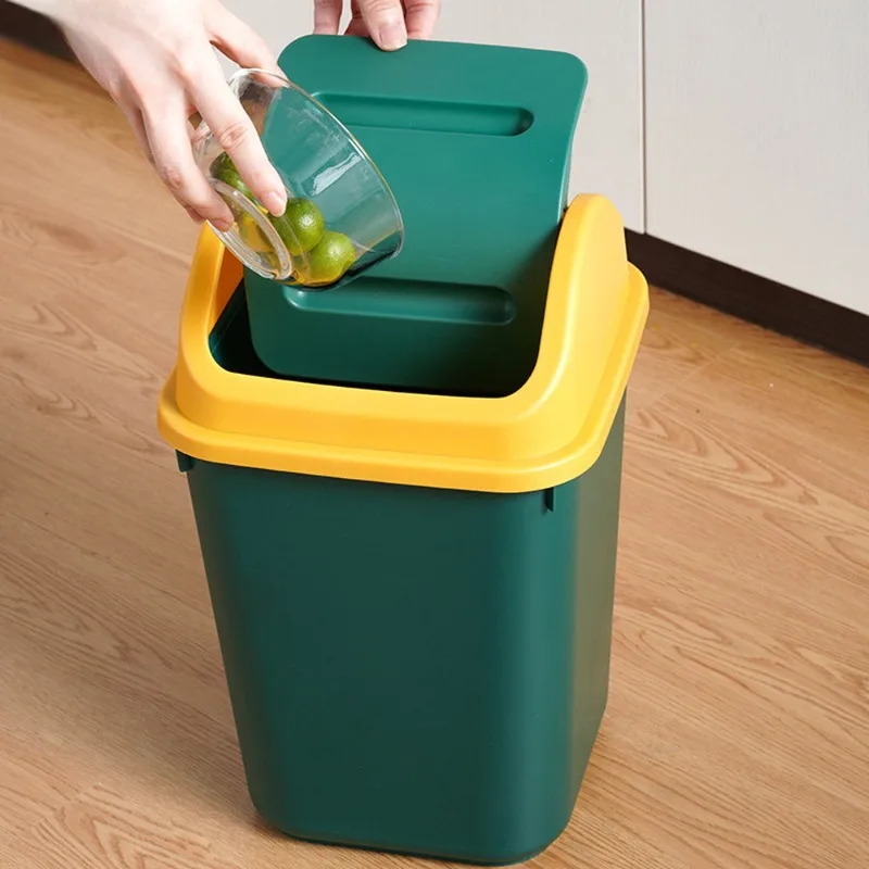 Plastic Swing Lid Bin Home Rubbish Waste Dustbin Large Capacity Kitchen Garbage Basket Container Wastebasket Trash Can