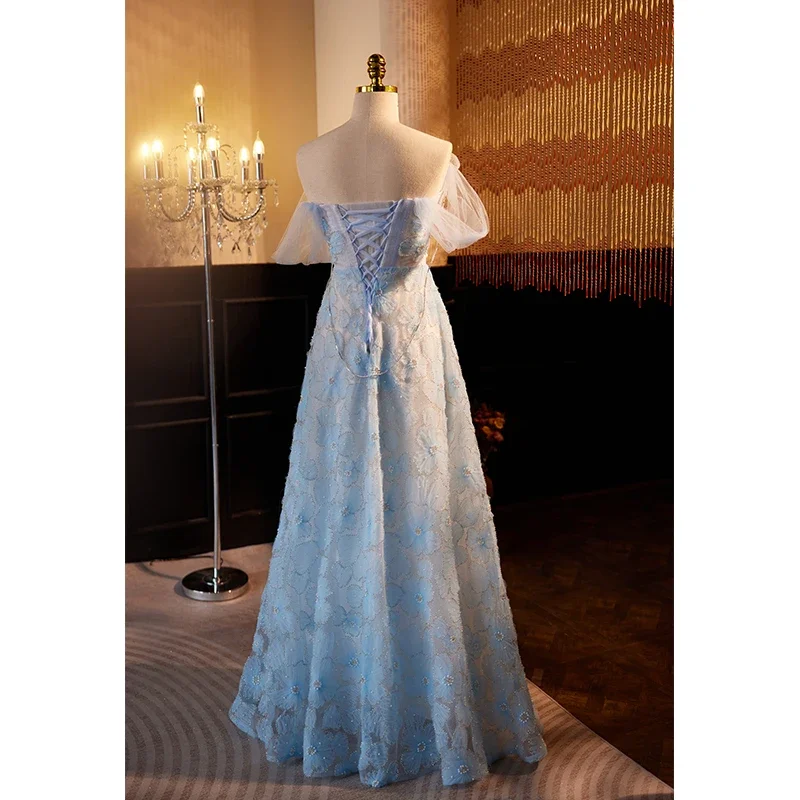 Personalizado azul vestido de noite doce flor lantejoulas miçangas a linha até o chão elegante formal vestidos de festa