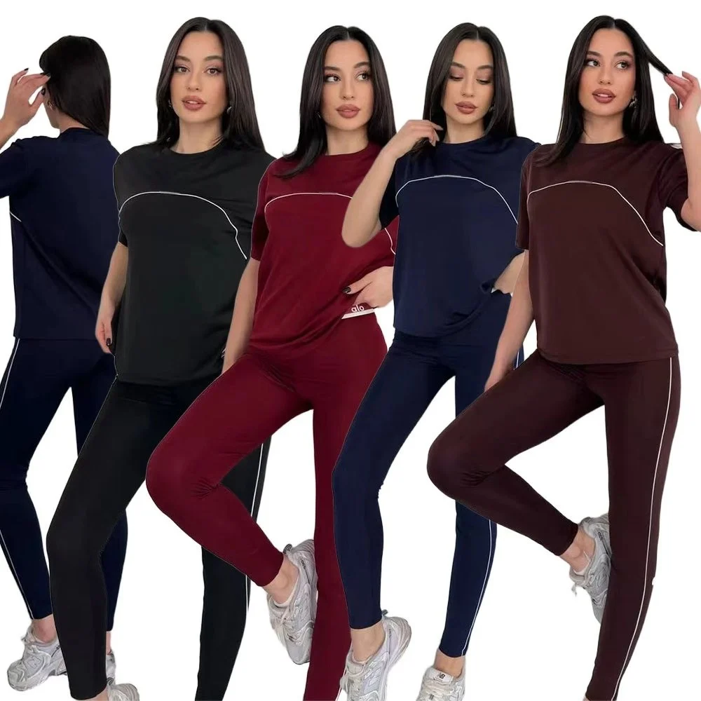 Women's Summer 2 Piece Short Sleeved Sports Suit For Women Knitted Short Sleeve round Neck Two-Piece Set Comfortable Casual Outf