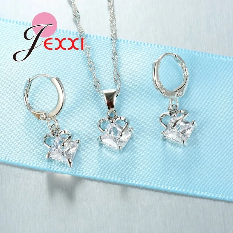 Cubic Zirconia Drop Pendant Hollow Heart Necklace Earrings 925 Sterling Silver Jewelry Women Weeding Party Bijoux