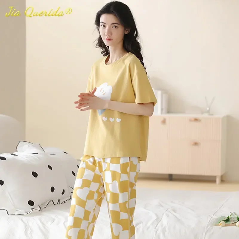 SUKAE Summer 100% Cotton Elegant Womens Pajamas Set Casual Capris Sleepwear for female Knee-length Homewear for Woman Nightwear