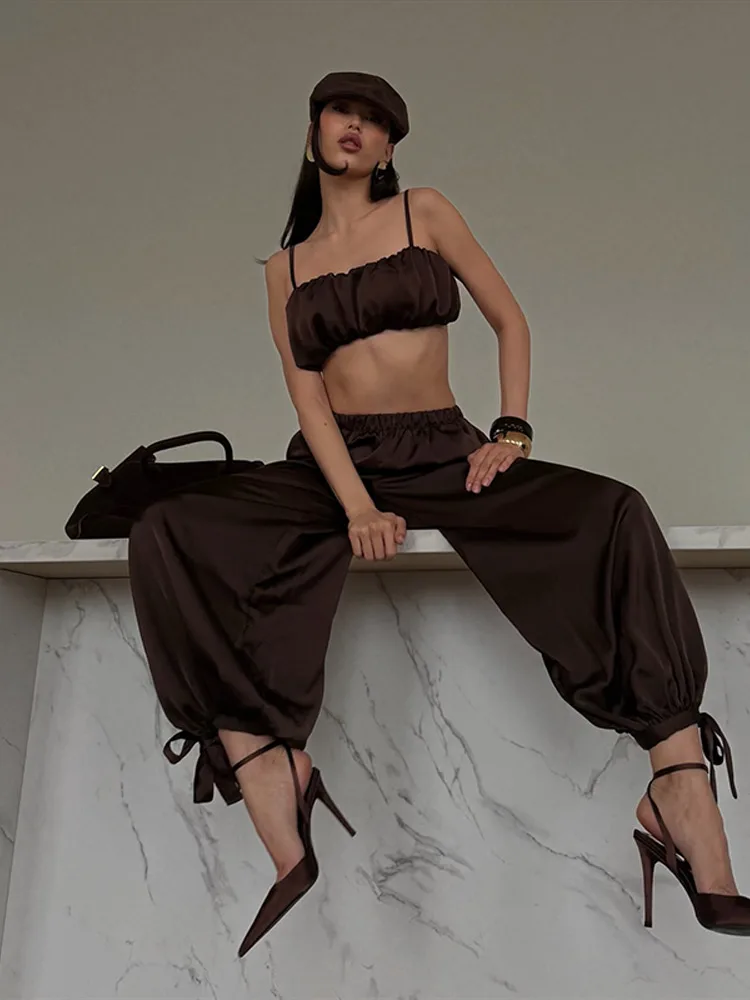 Plissierte kurze Tube-Tops, Hosenanzüge für Damen, sexy Spaghettiträger, ärmelloses, kurzes Top, elastische Taille, Schnürhose, neue Outfits – Detail 34
