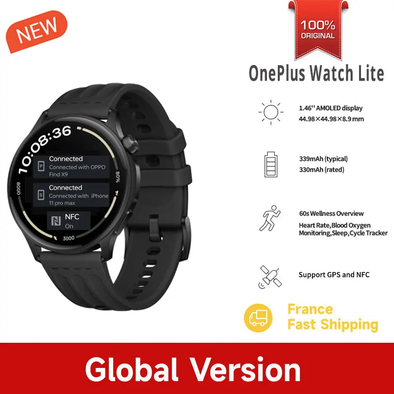 Première mondiale OnePlus Watch Lite Smart Watch Version mondiale jusqu'à 10 jours d'autonomie de la batterie GPS double bande Écran AMOLED 1,46''