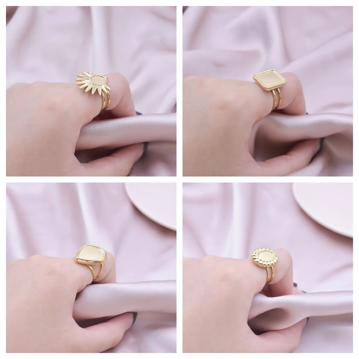 5pcs Retro Stainless Steel Gold Plated Ring Irregular Geometry Bow Ellipse Water Droplet Rings Diy Stone Drill Jewelry No Fading
