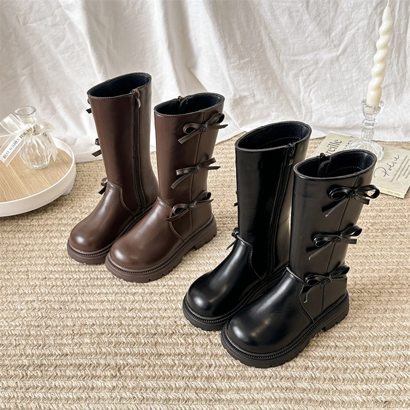 

Новинка зимы 202, детские сапоги до колена для девочек, модные нескользящие универсальные кожаные туфли принцессы на мягкой подошве в корейском стиле