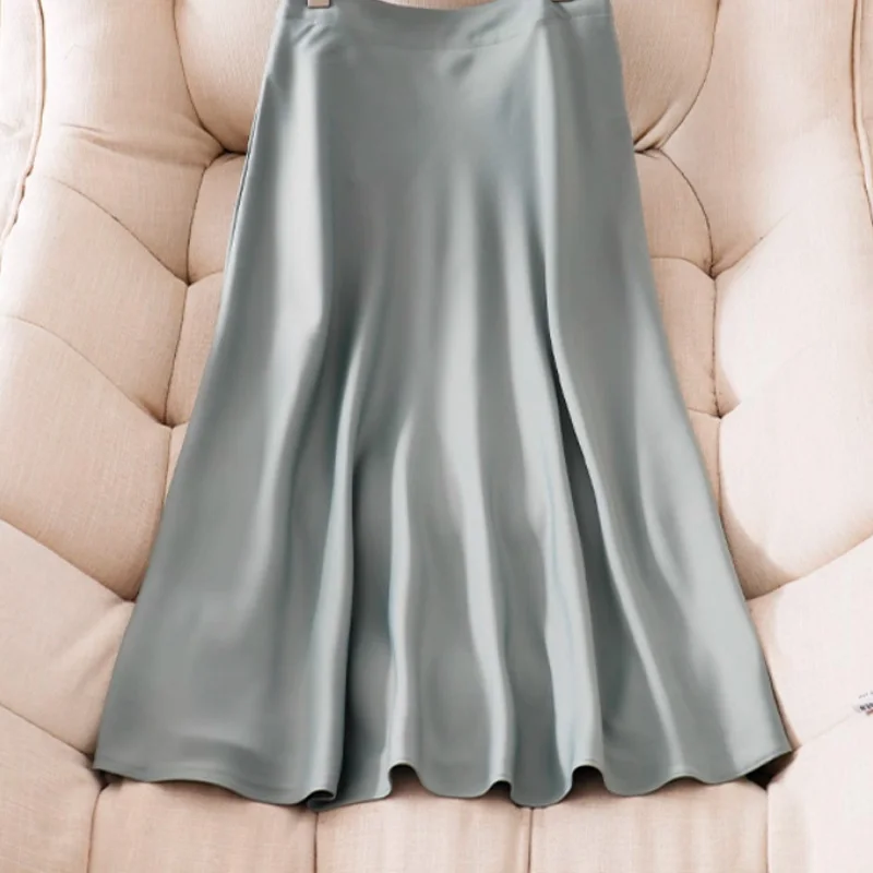 Women's Satin High Waist Midi Skirts, Simple Elegant Long Skirt, England Office Lady, Summer, 2025