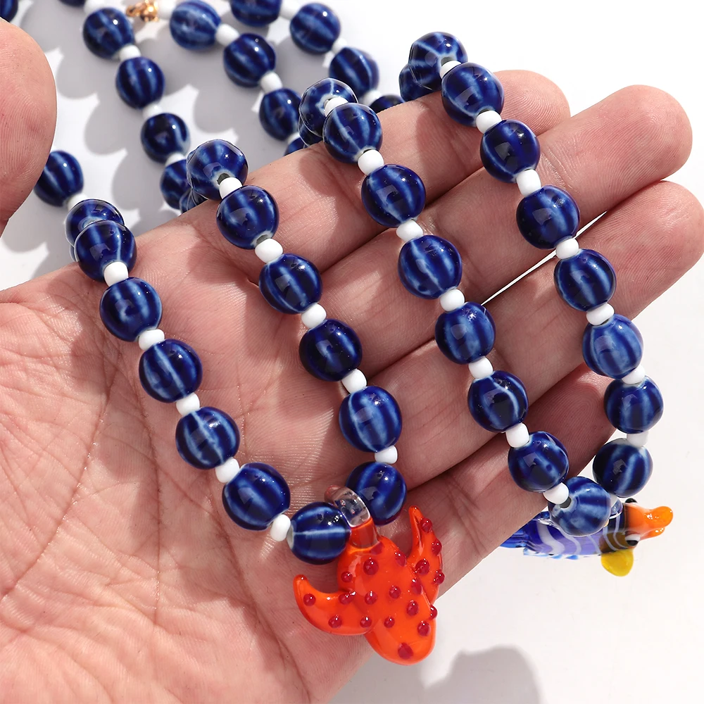 Neue Kreative Tropische Clownfisch-Kaktus-Anhänger-Halskette für Frauen Sommerliche Trendige Runde Keramikperlen-Kette Statement-Schmuck Geschenk – Detail 3