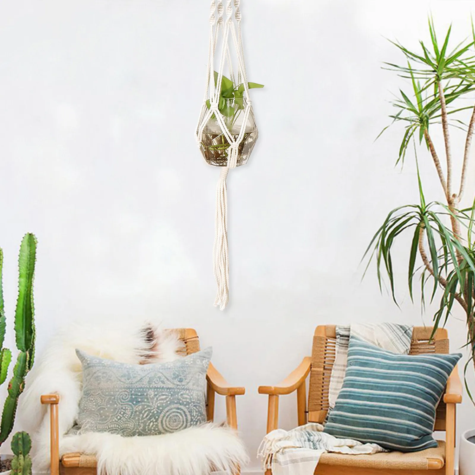 

3Pcs Natural Cotton Rope Indoor Outdoor Hanging Plant Hanger Bohemian Wall Hanging Planter Basket for Silk Plants Home