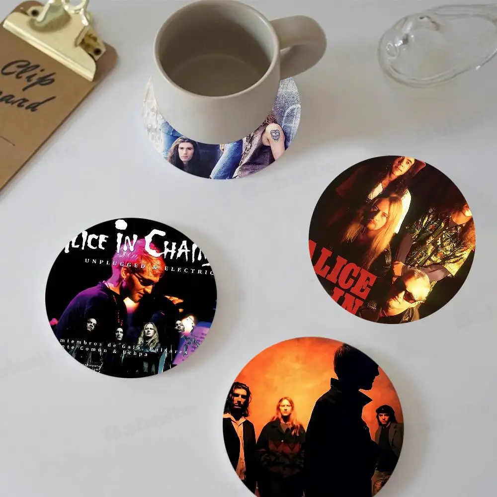 A-Alice in Chains Band pattern art painted wooden anti-slip coasters, suitable for decoration of living room kitchenware