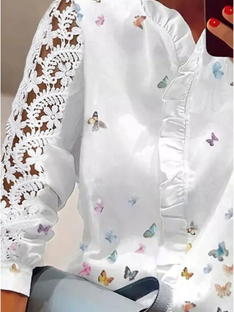 Damen Slim Fit Bedruckte Spitze Patchwork Irt Long Sve Flip Collar Regelmäßige Länge Chinesische Marke Sommer Faion Damen...