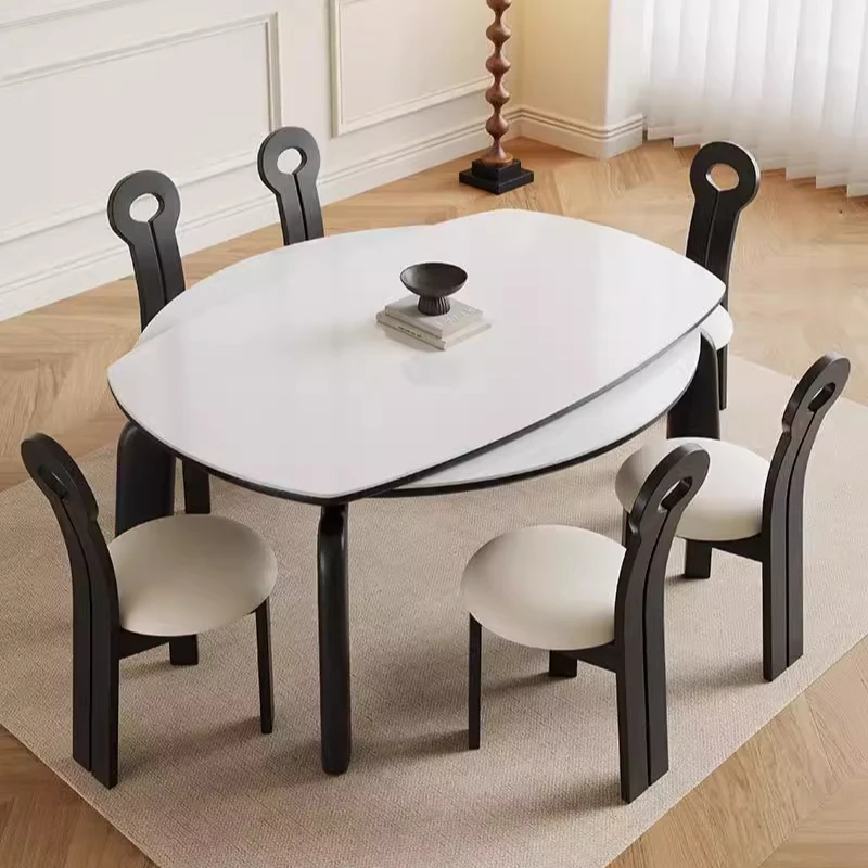 

French retro solid wood rock slab retractable folding dining table walnut home small apartment dining table variable round table