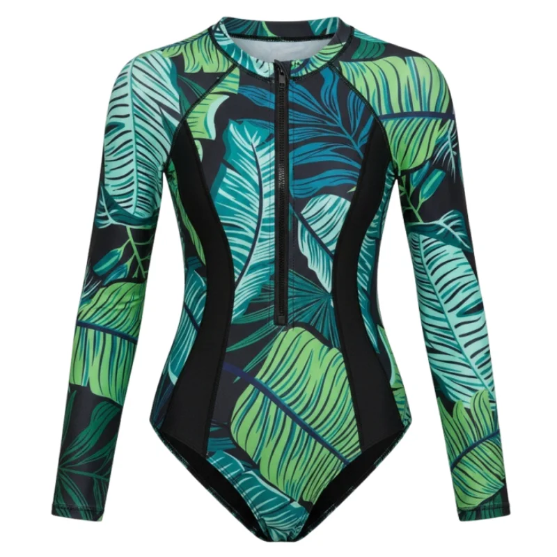 Tropischer Dschungelblätter-Print Rashguard Badeanzug Langarm mit Reißverschluss vorne Slim Fit Bodysuit Surf Schnorchel Strand Schwimmbekleidung – Detail 3