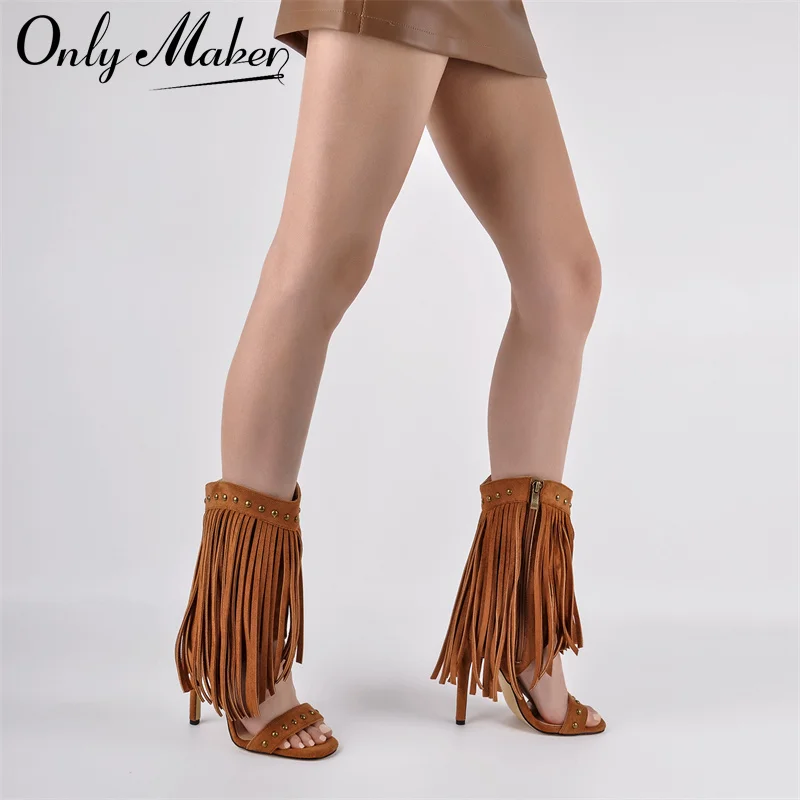 

Onlymaker Women Open Toe Mid Calf Boots Sandal Tassel Rivet High Stiletto Heel Side Zipper Fringe Studded Ankle Sandals