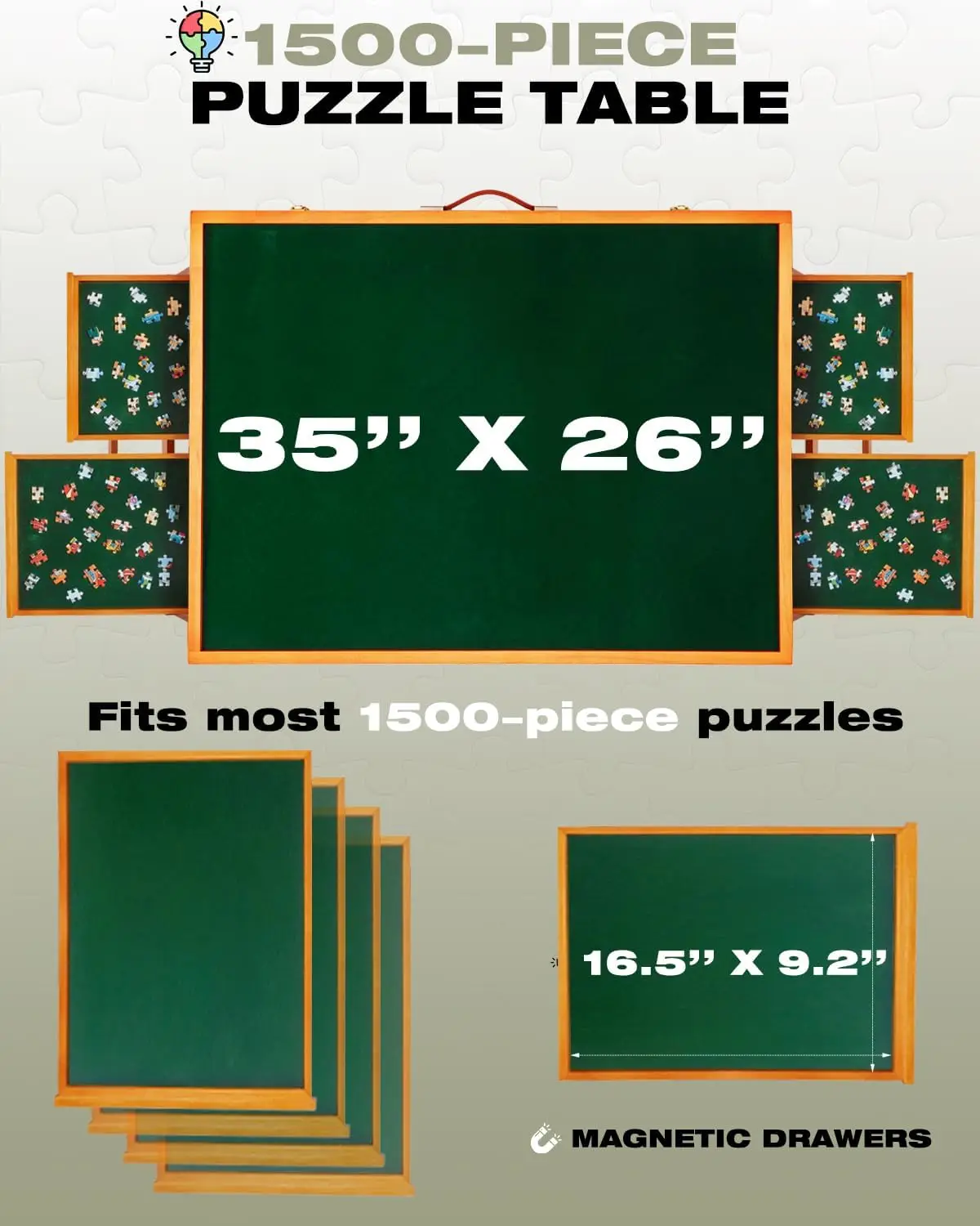 1500-delige houten puzzeltafel met lades en deksel, verstelbaar puzzelbord met opvouwbare poten, draagbare gekantelde puzzel