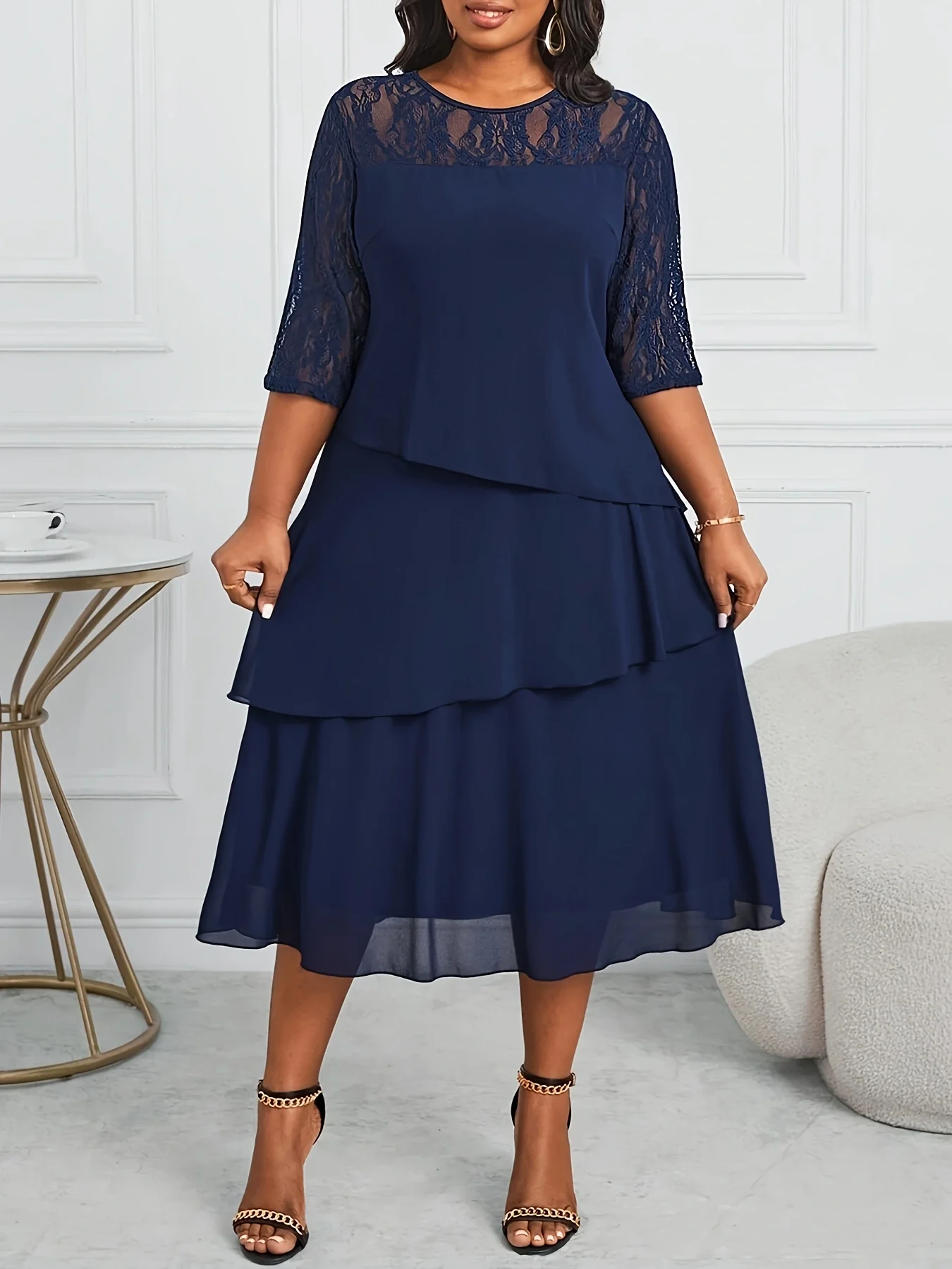 European and American Style, Fashionable, Elegant, Lace Splicing, Multi-Layered, Three-Quarter Sleeve Dress