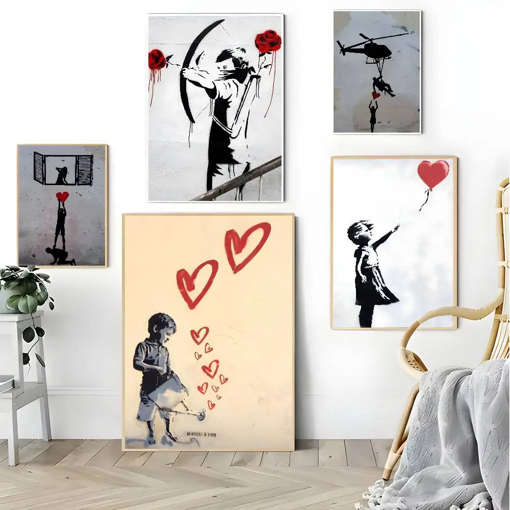 Banksy Graffiti Girl With Red Balloon Poster Retro Kraft Paper Sticker DIY Room Bar Cafe Aesthetic Art Wall Painting
