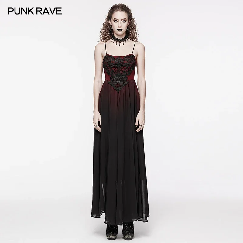PUNK RAVE Women\'s Gothic Gorgeous Black and Red Gradient Chiffon Slip Dress Party Club Sexy Long DressesTwo Colors Available