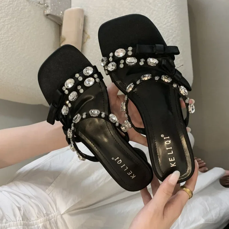 Summer Wear Rhinestone Crossover with Open Toe Square Toe Slippers for Women  Small Block Heel Low Heel Slippers