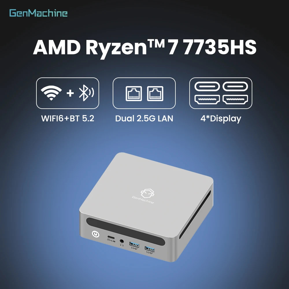 GenMachine AMD Ryzen 7 7735HS Mini PC 3,2 GHz Mini Pc Gaming 54W 8 Core 16 Thread Windows 11 DDR5 16G 6400Mhz 2.5G LAN USB4 WIFI