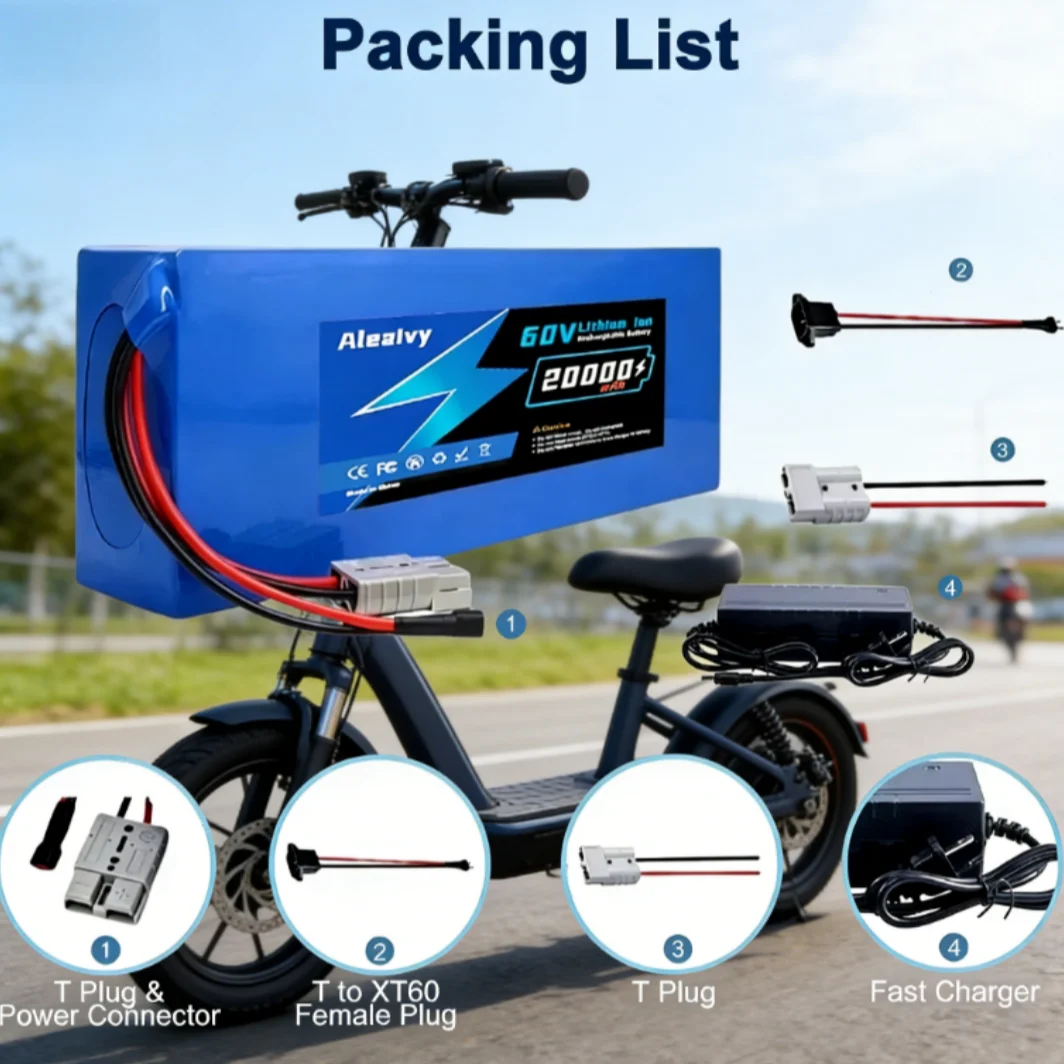 

60V 20Ah/30Ah Bike Battery Aleaivy Lithium Pack with BMS, Ultra Large Capacity Replacement for 1000W-2000W Long Distance Ride