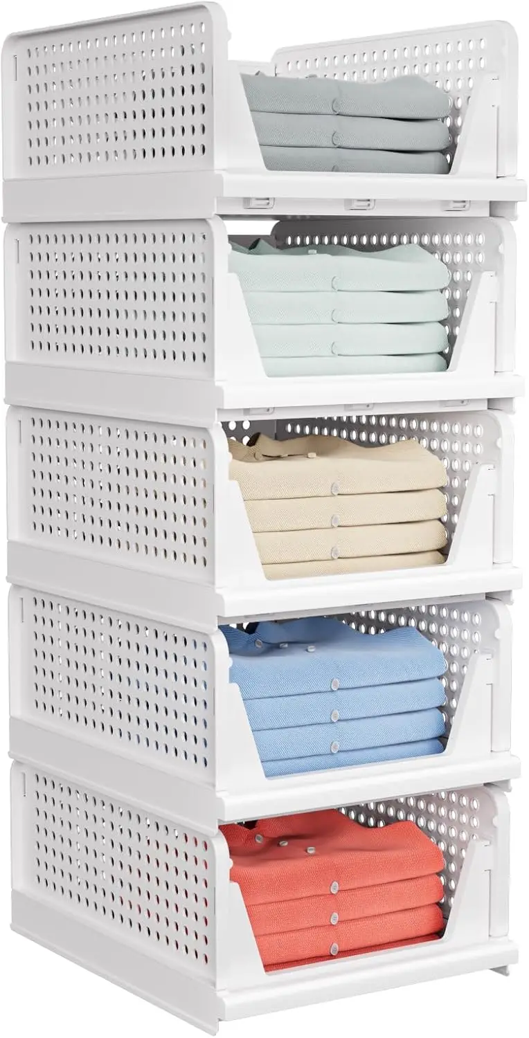 

5-Pack Foldable Stackable Storage Baskets, Waterproof Closet Organizer for Space Saving
