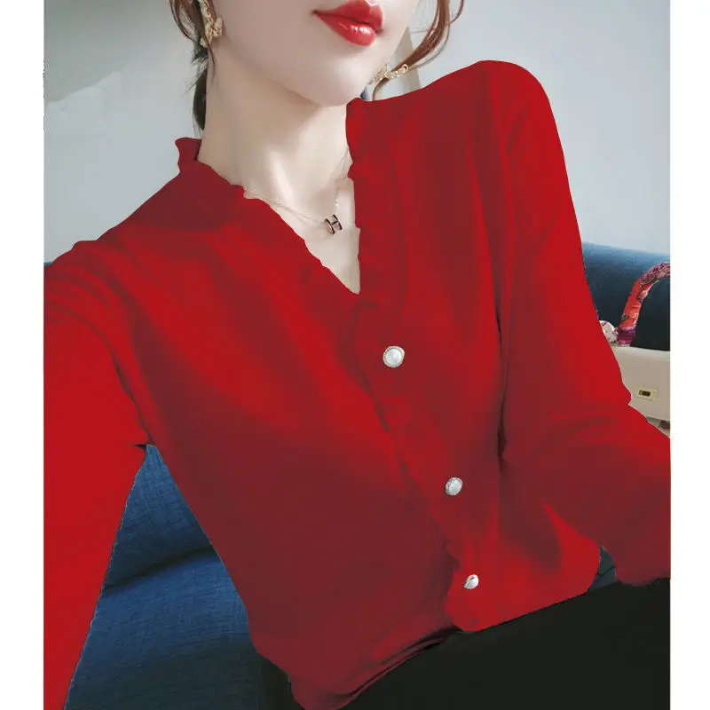 Elegant V-Neck Solid Color Button Spliced 2022 Autumn New Oversized Shirt Loose Casual Tops Commute Women\'s Clothing Blouse