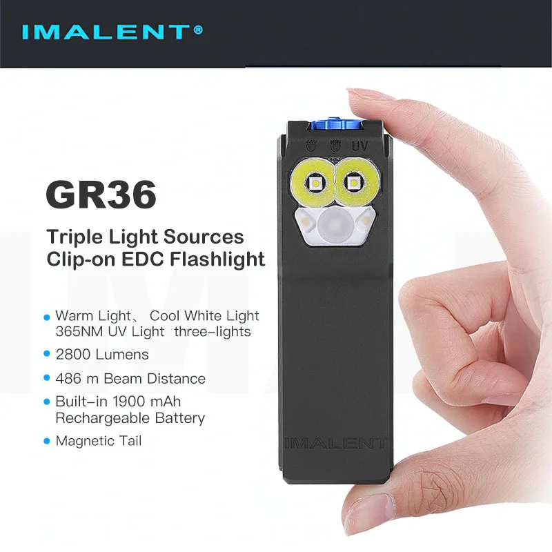 

IMALENT GR36 Triple Light SourcesClip-on EDC Flashlight,2800 Lumens，486 m Beam Distance，Type-C Rechargeable，Magnetic Tail