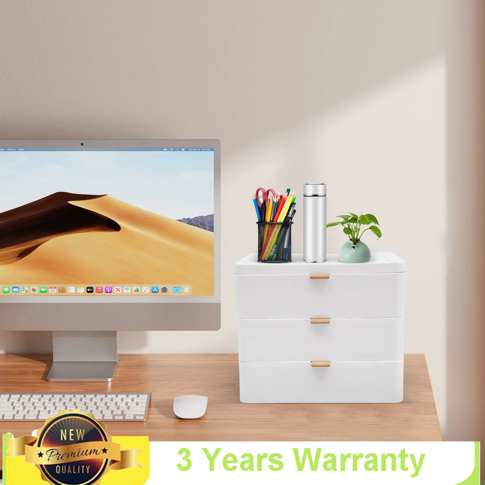 

Bymaocar Drawer Style Desk Jewelry Organizer, 3-layer White Tabletop Mount Storage Box with Handles for Study, Bedroom, Office