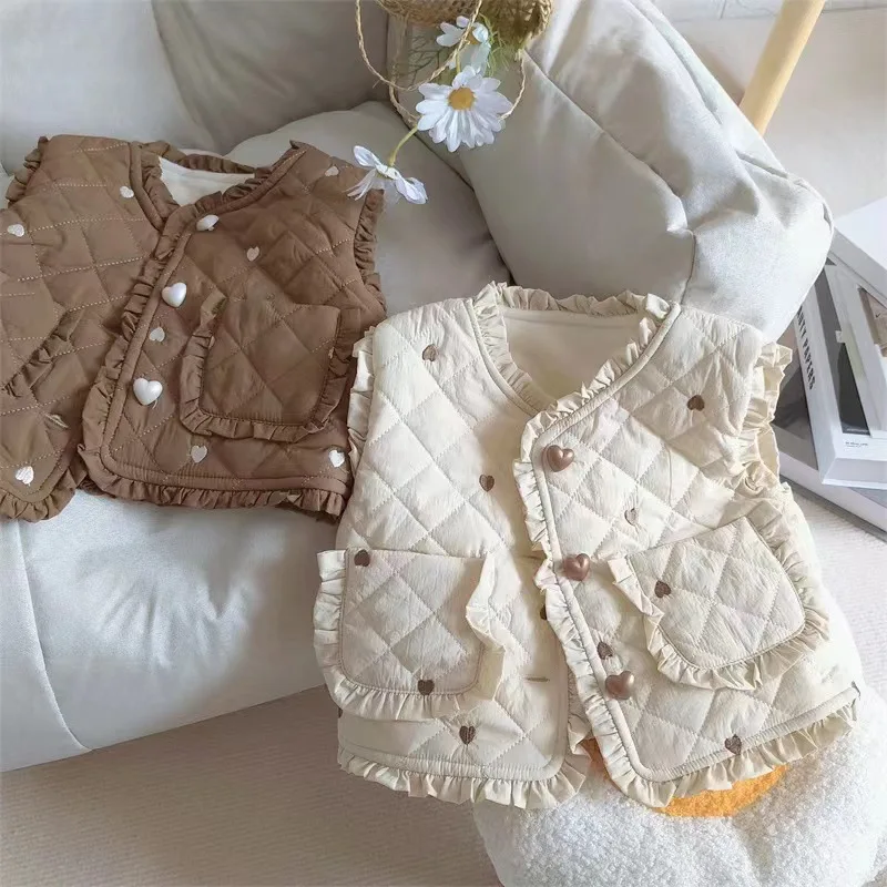 Girls Quilted Warm Waistcoats Fall Winter Kids Baby Heart Embroidery Vest Baby Girls Lining Fleece Thicken Outerwear