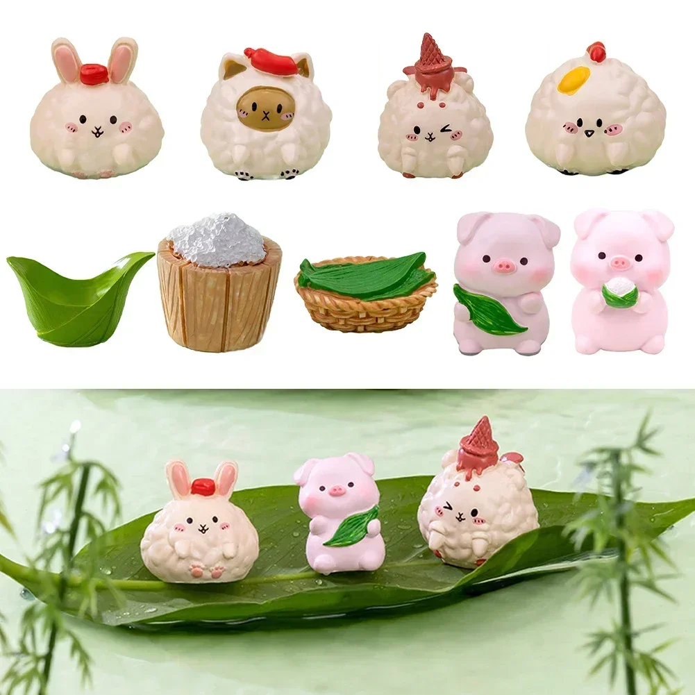 Cute Zongzi Piggy Ornaments Sheep Rabbit Doll Model Micro Landscape Vehicle Mounted Desktop Dollhouse Decor Toys