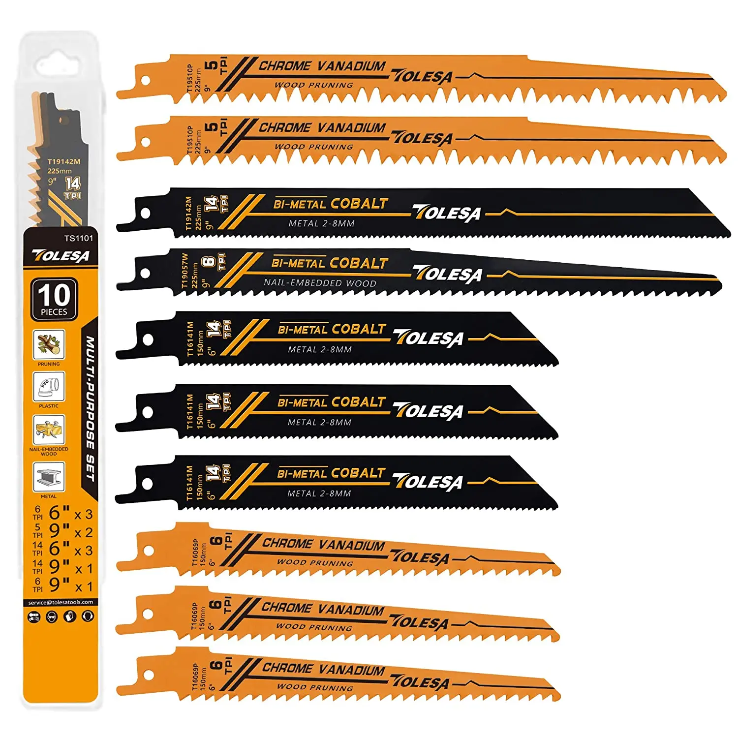 TOLESA 10PCS Reciprocating Bi-metal Saw Blades for Wood Pruning PVC Cutting Heavy Metal Cutting Metal Tube Sheet for Window Door