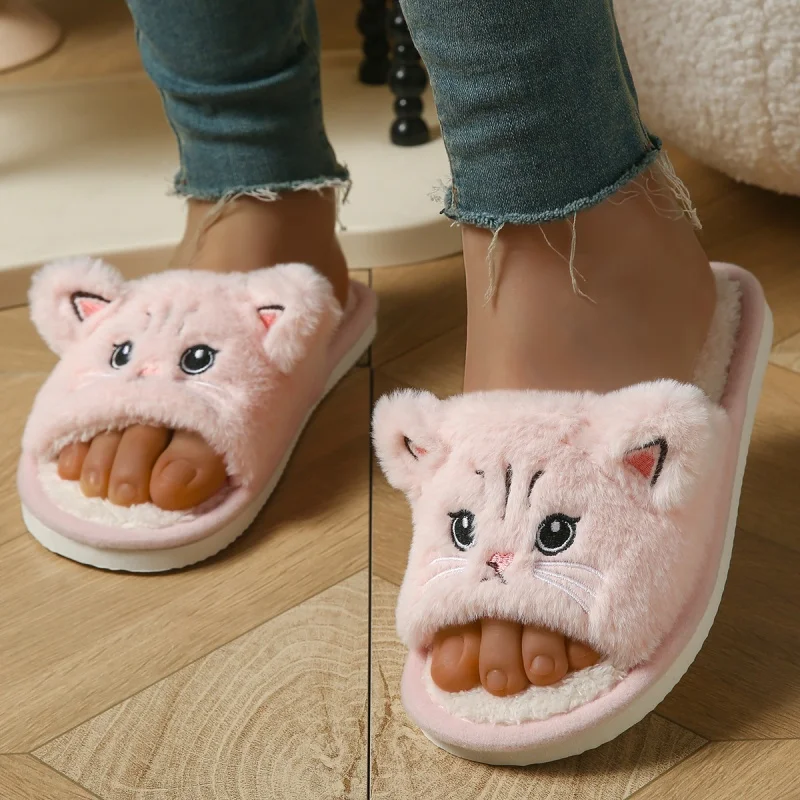 Cute Cat Plush Flip Flops For Women Men Warm Fuzzy Thong Slippers Cartoon Animal Indoor House Slippers Soft Thick EVA Sandals view 6