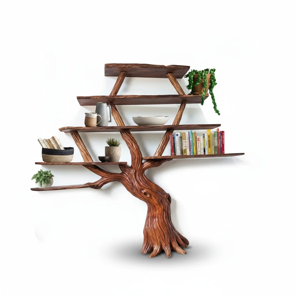 Tree Bookshelf, 165x190.5x25.4cm Driftwood Tree Bookcase, Floating Wall Hanging Handmade Wooden Storage Rack, Living Room Decor