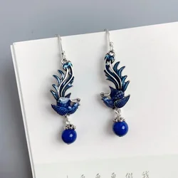 925 Silver Blue Enamel Phoenix Tassel Earrings for Women Female Chinese Style Exaggerated Lapis Lazuli Earings Banquet Jewelry