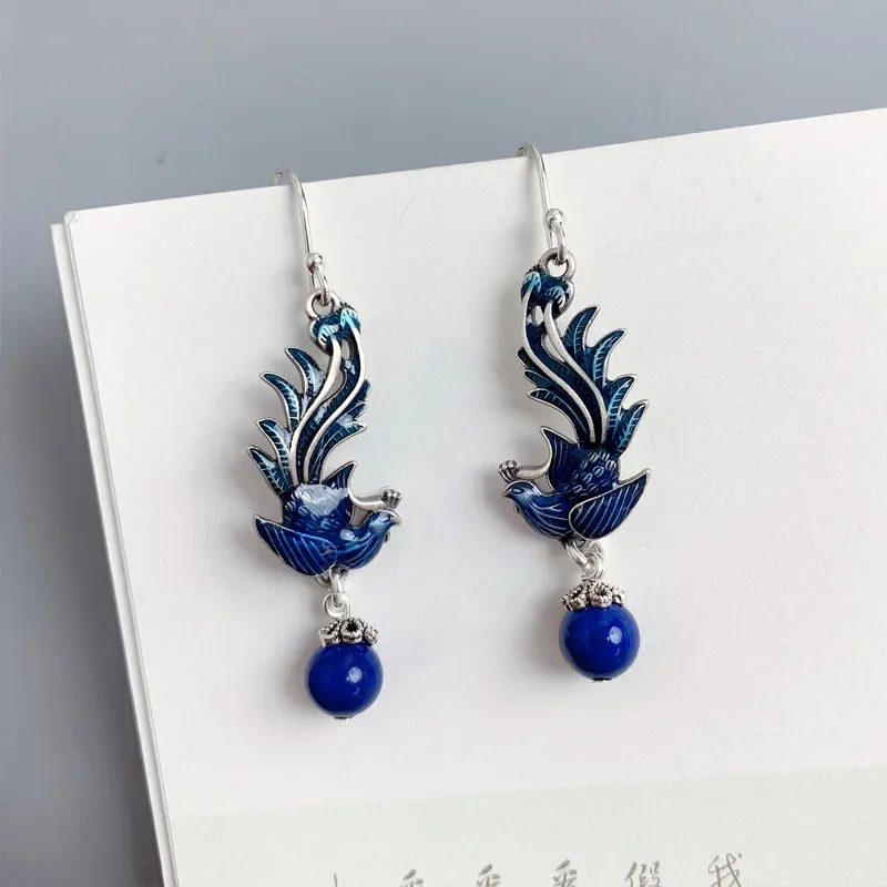 925 Silver Blue Enamel Phoenix Tassel Earrings for Women Female Chinese Style Exaggerated Lapis Lazuli Earings Banquet Jewelry