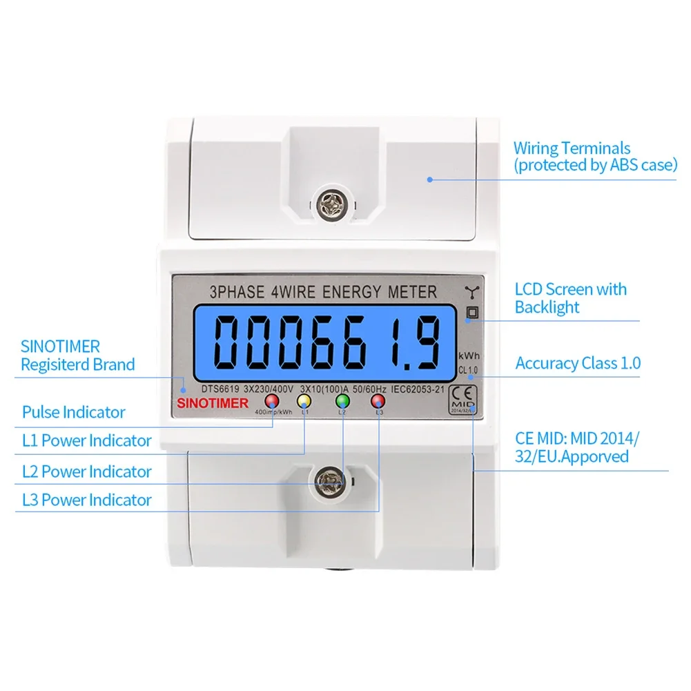 3 Phase 4 Wires Electric Energy Meter Din Rail Electricity Usage Meter 50/60HZ Power Consumption Monitor 100A AC 3*230/400V