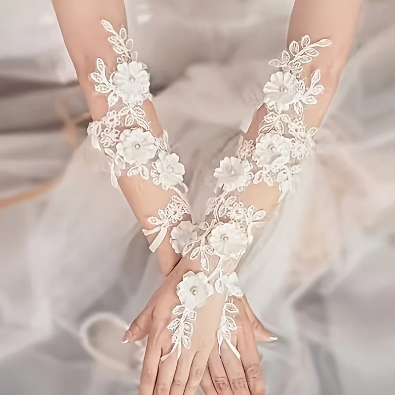 ' Elegant White Wedding Gloves with & Flower Accent - European Style Bridal Gloves, Hollow Finger for full Finger Coverage