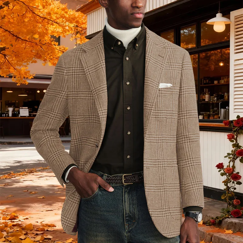 

Autumn Men's Suit Coat Checkered Single Breasted Man Jacket Retro Slim Fit Business Casual Male Blazer