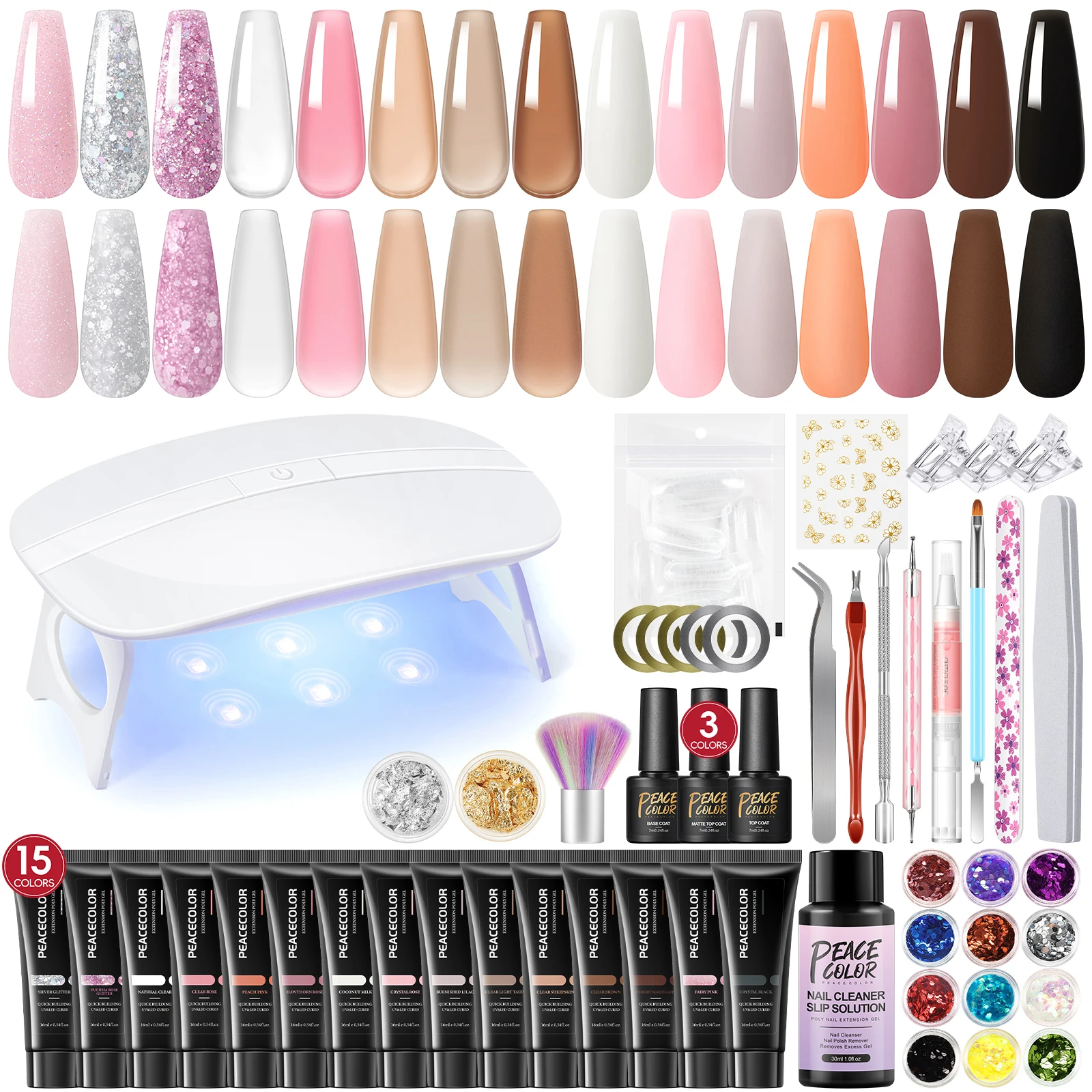 Peacecolor Manicure Kits with 6W Nail Lamp 15PCS 16ML Poly Extension Gel and 30ML Slip Solution Base Top Coat Nail Tools