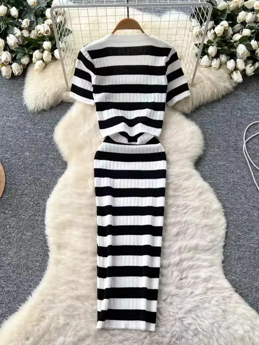 Foamlina Sommer-Cardigan, kleine Jacke, Oberteil, Outfit für Damen, schickes, modisches, schwarz-weiß gestreiftes Strickkleid, zweiteiliges Set