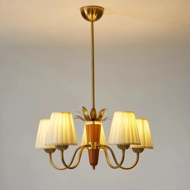 Retro Wooden Ceiling Chandeliers LED Lights Living Room Antique Style Study Room Decor  Bedroom Fabric Lampshade Pendant Lamps