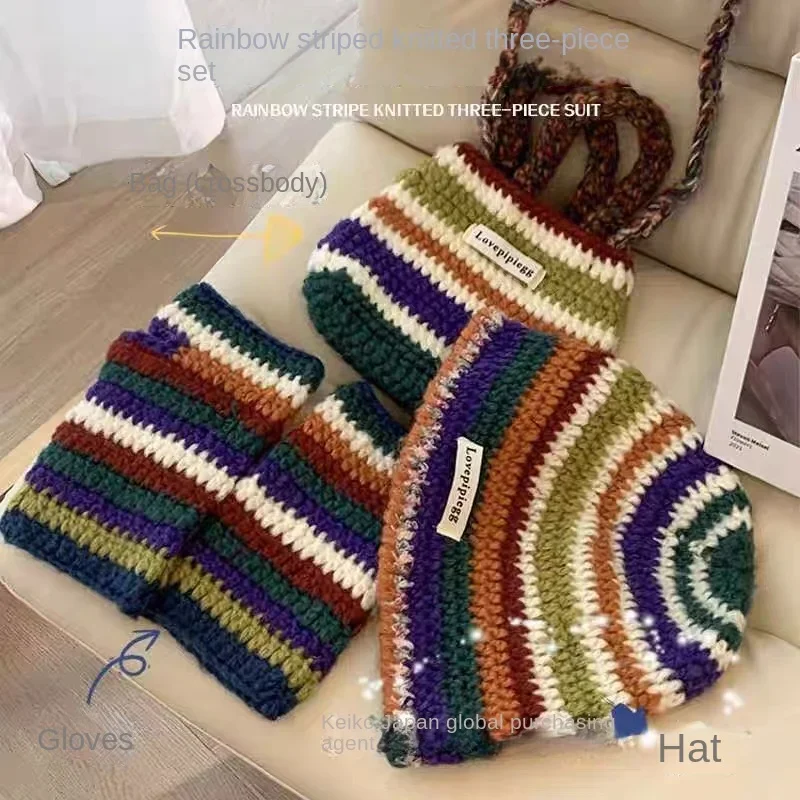 Regenbogen gestreifte gestrickte Eimer hüte für Frauen Herbst Winter warme Panama Y2k Mützen mit Handschuhen Tasche Designer niedlichen lustigen Hut